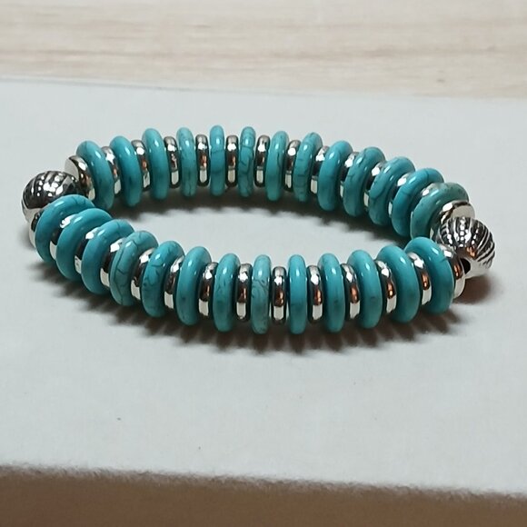 Hand Made Turquoise & Silver Tone Beaded Bracelet Fashion Jewelry #49 - Picture 6 of 8